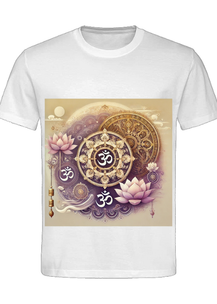 Detailansicht Om Pendel Herren T-Shirt Weiß – Om-Symbol, Pendel und Lotus als Zeichen für Balance und Bewusstsein
