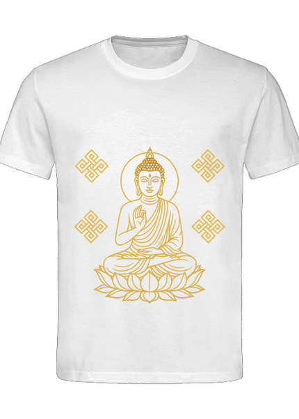 Detailansicht Buddha Outlines Herren T-Shirt Weiß – Buddha, Lotus und Mandala als Symbol für Klarheit und innere Ruhe