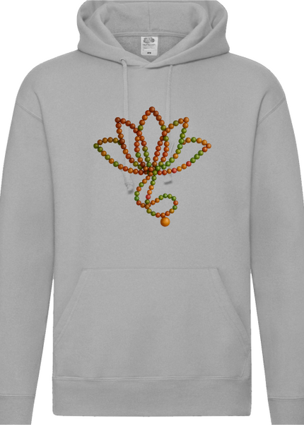 Detailansicht Malakette Hoodie Heather Grey – ruhiges Mala Motiv mit Lotusblüten und achtsamer Symbolik