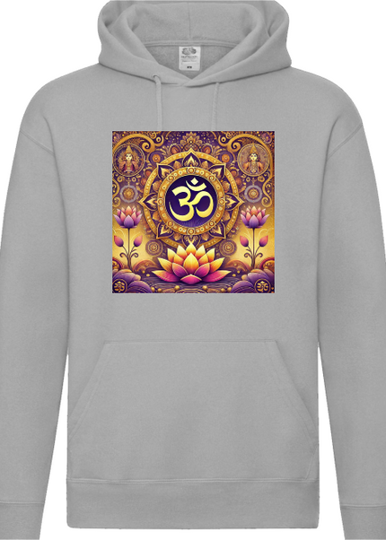 Götter des Om Hoodie Nahaufnahme – Druckdetail hinduistische Götter auf GOTS-zertifizierter Bio-Baumwolle