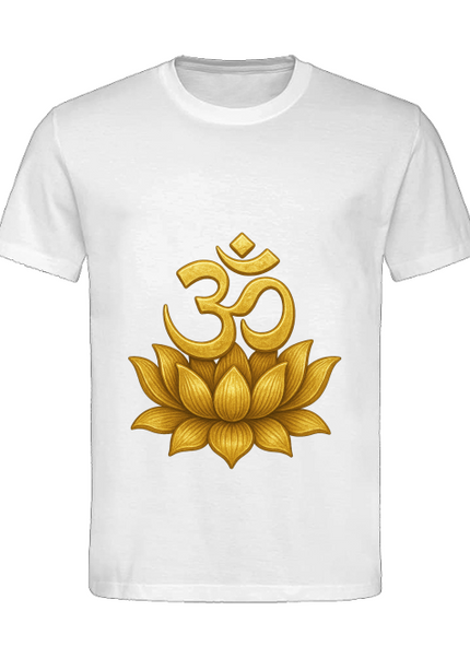 Detailansicht Om Lotus Herren T-Shirt Weiß – Om-Symbol und Lotus als ruhiges Symbol für Balance und Achtsamkeit