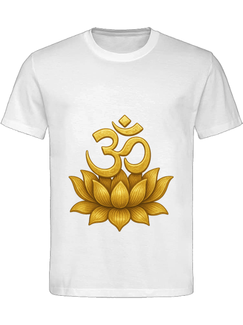 Detailansicht Om Lotus Herren T-Shirt Weiß – Om-Symbol und Lotus als ruhiges Symbol für Balance und Achtsamkeit