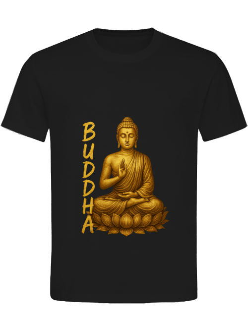 Detailansicht Golden Buddha Herren T-Shirt Schwarz – goldenes Buddha-Design als Symbol für Ruhe und Weisheit