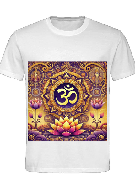 Detailansicht Götter des Om Herren T-Shirt Weiß – Om, Elefant, Lotus und Mandala als Symbol für Weisheit und Balance