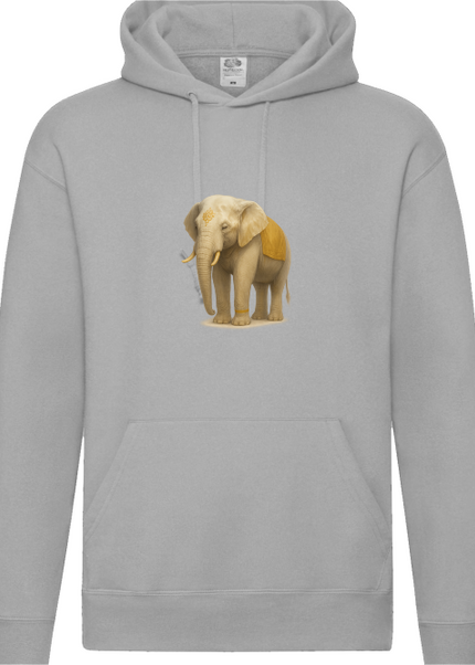 Grauer Elefant Hoodie Nahaufnahme – Druckdetail Elefanten-Motiv auf Bio-Baumwolle von SatoriSoul