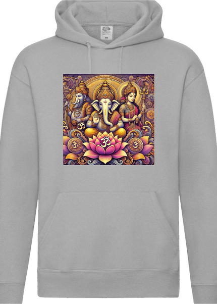 Detailansicht Drei Götter der Lotus Hoodie Heather Grey – spirituelles Design mit Ganesha, Shiva, Parvati und Lotus