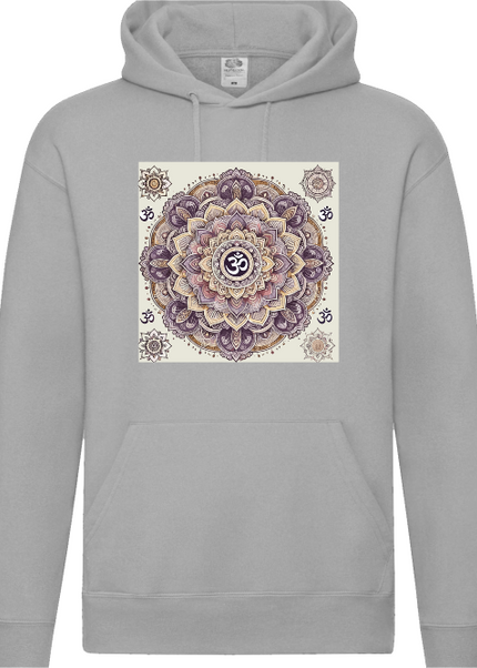 Om Mandala Hoodie Nahaufnahme – kunstvoll gedrucktes Mandala mit Om-Symbol auf GOTS-zertifizierter