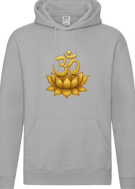 Om Lotus Hoodie Nahaufnahme – Druckdetail Om-Symbol mit Lotusblüte auf GOTS-zertifizierter Bio-Baumwolle
