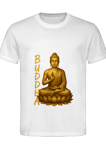 Golden Buddha T-Shirt Nahaufnahme – goldener Buddha Druckdetail auf GOTS-zertifizierter Bio-Baumwolle von SatoriSoul