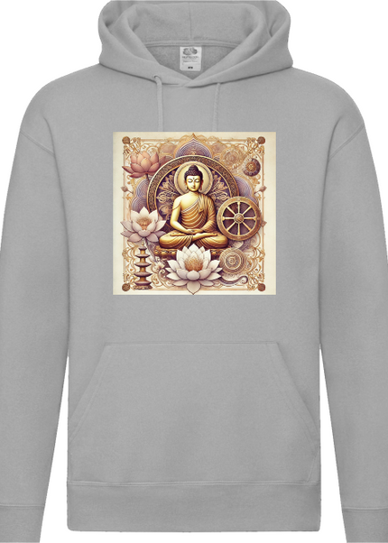 Detailansicht Buddha Hoodie Heather Grey – Buddha-Motiv mit Lotusblüten und Mandala als Symbol für innere Ruhe