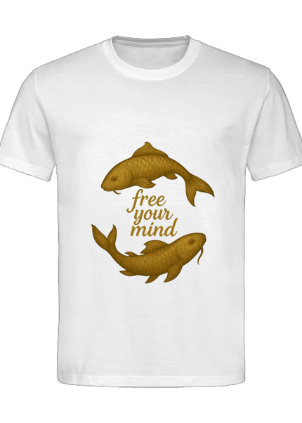 Detailansicht Goldfisch Herren T-Shirt Weiß – goldene Fische als Symbol für Wandel, Ruhe und innere Freiheit