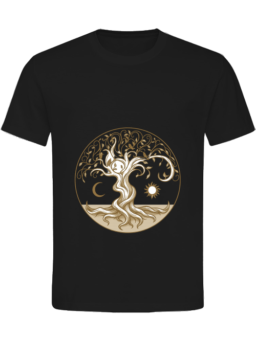 Detailansicht Lebensbaum Herren T-Shirt Schwarz – feine Linienkunst mit Lebensbaum, Sonne und Mond