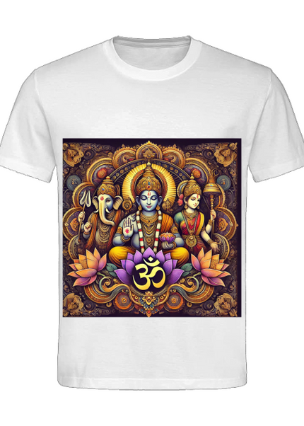 Drei Götter des Om Damen T-Shirt mit Ganesha, Vishnu und Parvati in farbenfrohem Design.