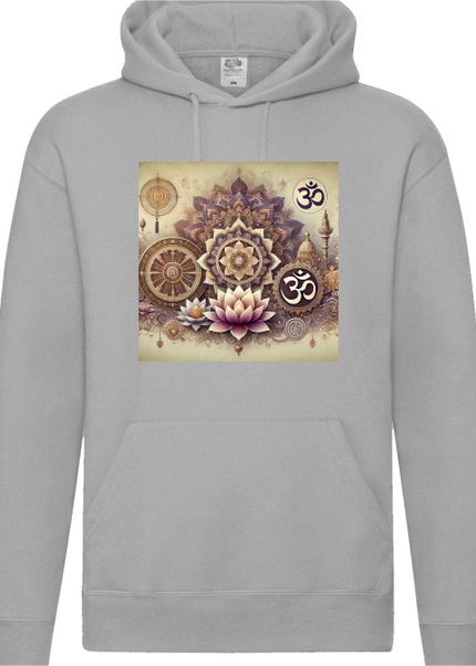 Detailansicht Om Altar Hoodie Heather Grey – ruhiges Om Motiv mit Lotus und spiritueller Altar Symbolik