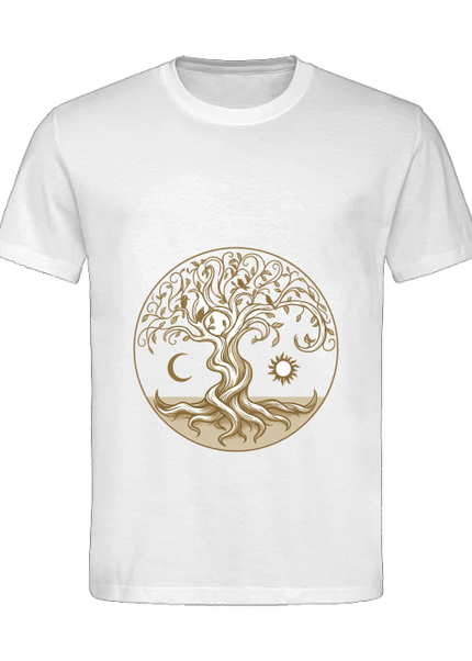 Lebensbaum Damen T-Shirt mit eleganter gold-beiger Linienkunst von Lebensbaum, Mond und Sonne.