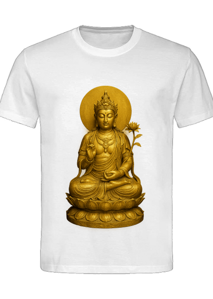 Bodhisattva Herren T-Shirt mit goldenem Buddha in Meditationspose auf weißem Hintergrund