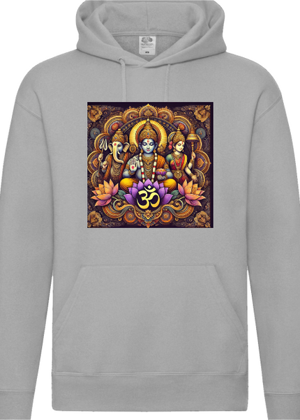 Drei Götter des Om Hoodie Nahaufnahme – Druckdetail Trimurti auf Bio-Baumwolle von SatoriSoul