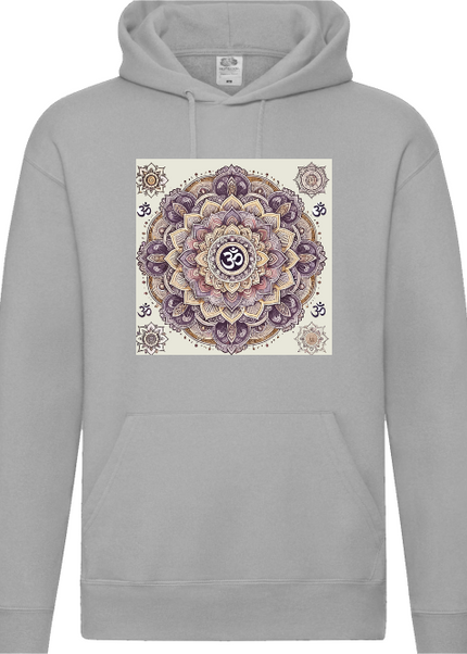 Detailansicht Om Mandala Hoodie Heather Grey – Om-Symbol, Mandala und Lotus auf Bio-Baumwolle
