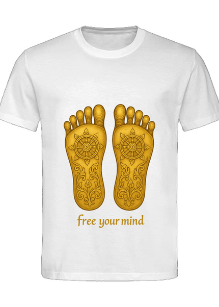Buddhas Fußabdruck T-Shirt Nahaufnahme – Druckdetail Buddhapada auf GOTS-zertifizierter Bio-Baumwolle von SatoriSoul