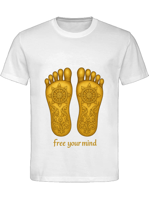 Buddhas Fußabdruck T-Shirt Nahaufnahme – Druckdetail Buddhapada auf GOTS-zertifizierter Bio-Baumwolle von SatoriSoul