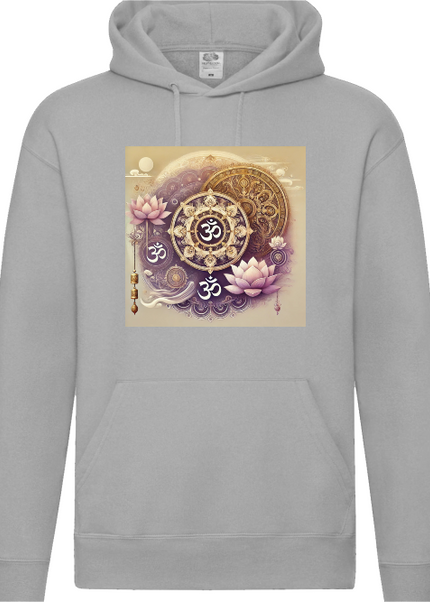 Om Pendel Hoodie Nahaufnahme – Druckdetail Om-Symbol und Pendel auf Bio-Baumwolle von SatoriSoul