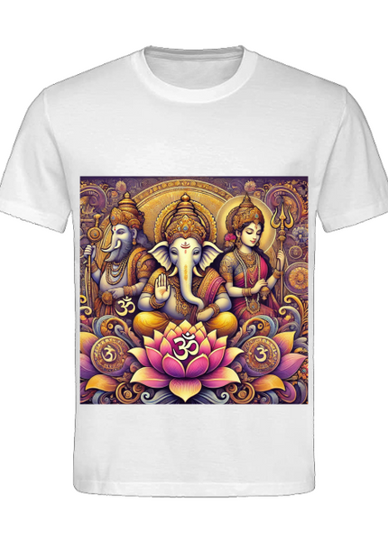 Detailansicht Drei Götter des Lotus Herren T-Shirt Weiß – Ganesha, Shiva und Parvati als Symbol für Schutz, Wandel und Hingabe
