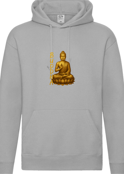 Detailansicht Golden Buddha Hoodie Heather Grey – spirituelles Buddha Motiv auf Bio-Baumwolle