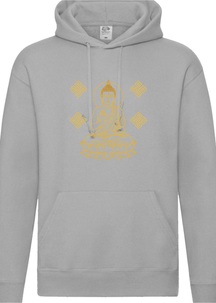 Detailansicht Buddha Outlines Hoodie Heather Grey – Buddha Mandala Motiv auf nachhaltigem Stanley Stella Hoodie