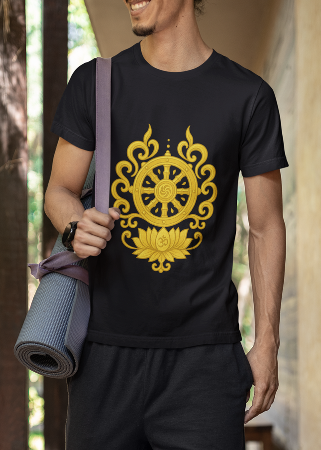Dharma-Rad Herren T-Shirt Schwarz – schwarzes T-Shirt mit Dharma-Rad, Lotusblüten und Mandala von SatoriSoul