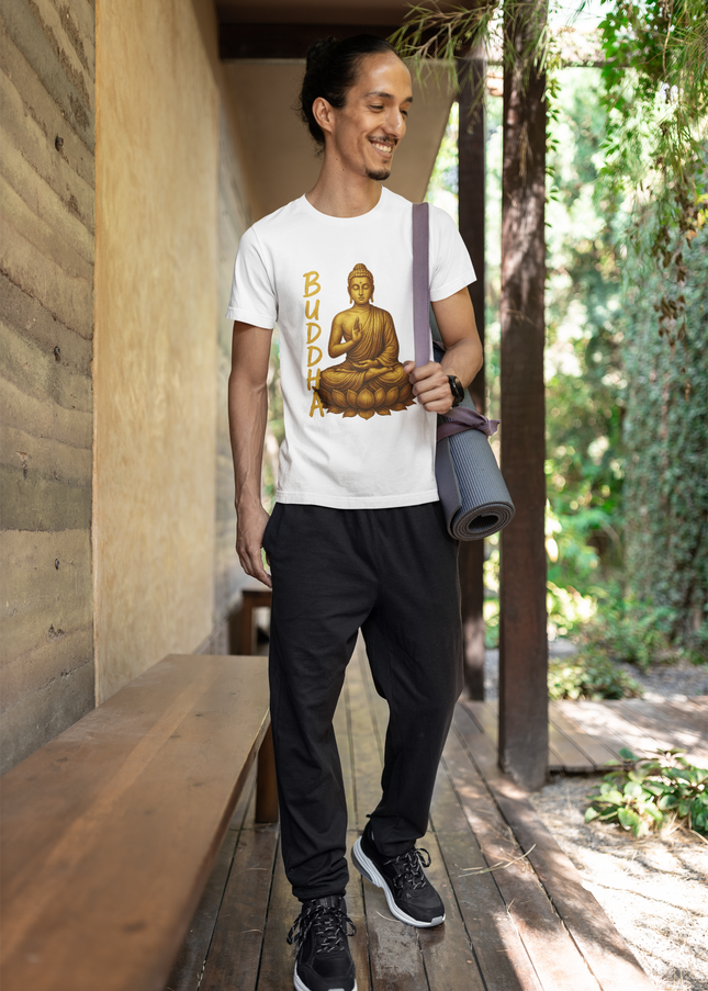 Golden Buddha Herren T-Shirt Weiß – weißes T-Shirt mit goldenem Buddha-Motiv von SatoriSoul