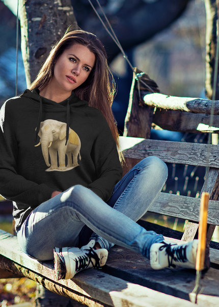 Grauer Elefant Damen Hoodie Schwarz – nachhaltiger Bio-Baumwolle Hoodie mit Elefant-Design von SatoriSoul