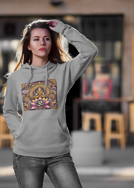 Krishna Damen Hoodie Grau – nachhaltiger Bio-Baumwolle Hoodie mit Krishna-Darstellung von SatoriSoul