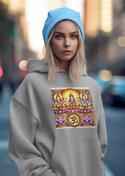 Krishna mit Guard Damen Hoodie Grau – nachhaltiger Bio-Baumwolle Hoodie mit Krishna-Design von SatoriSoul