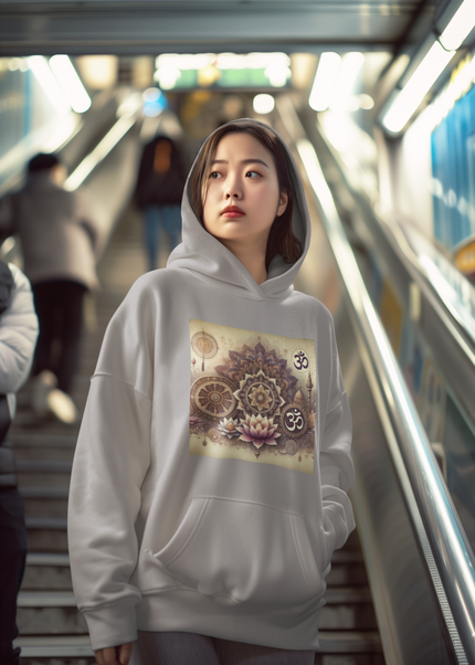 Om Altar Damen Hoodie – nachhaltiger Bio-Baumwolle Hoodie mit Om und Altar Design von SatoriSoul