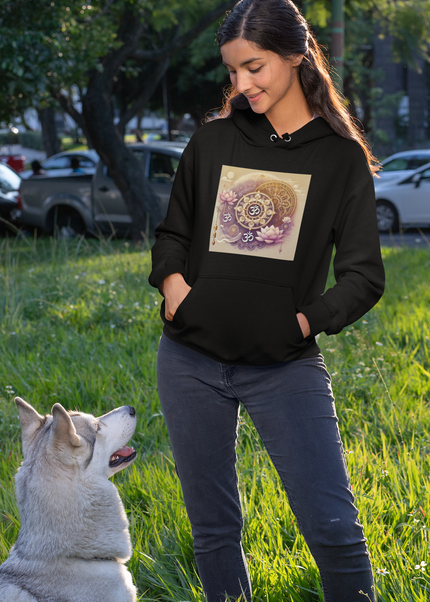 Om Pendel Damen Hoodie Schwarz – nachhaltiger Bio-Baumwolle Hoodie mit Om und Pendel Design von SatoriSoul
