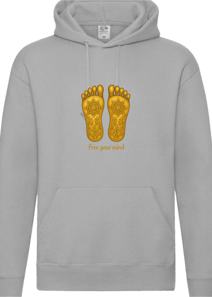 Detailansicht Buddhas Fußabdruck Hoodie Heather Grey – Lotus, Mandala und Buddha-Fußabdruck als Symbol für den Weg