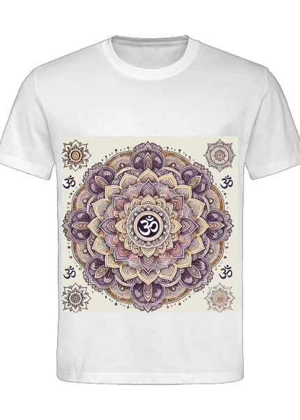 Detailansicht Om Mandala Herren T-Shirt Weiß – Om-Symbol, Mandala und Lotus als Zeichen für Balance und Bewusstsein