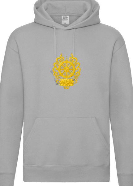 Dharma-Rad Hoodie Nahaufnahme – Dharmachakra Druckdetail auf Bio-Baumwolle von SatoriSoul