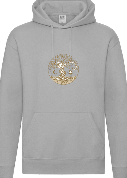 Lebensbaum Hoodie Nahaufnahme – Druckdetail Baum des Lebens auf GOTS-zertifizierter Bio-Baumwolle von SatoriSoul