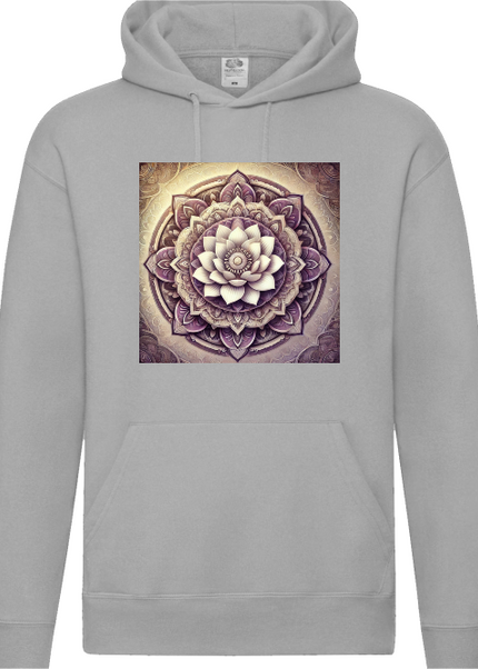 Detailansicht Lotus Mandala Hoodie Heather Grey – ruhiges Lotus Mandala Design für Achtsamkeit und Balance