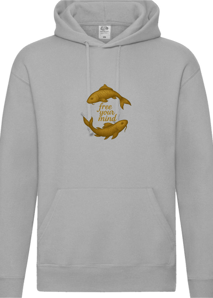 Detailansicht Goldfisch Hoodie Heather Grey – goldene Fische als Symbol für Freiheit, Ruhe und Bewegung