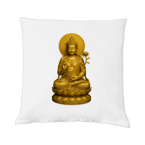 Bodhisattva Kissen mit Füllung mit goldener Buddha-Figur auf weißem Hintergrund Größe 40x40 cm, 100% Polyester.