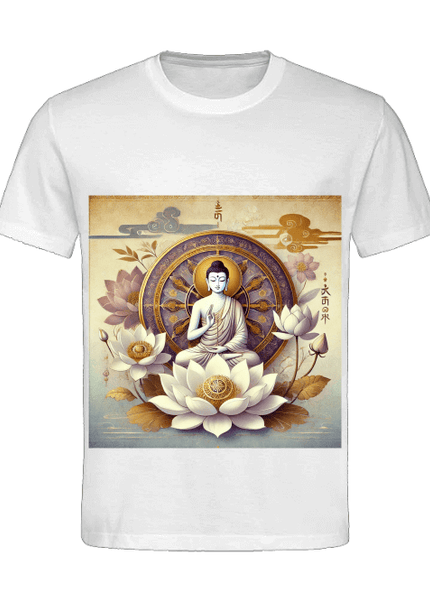 Buddha Lotus Dharma T-Shirt Nahaufnahme – Druckdetail drei buddhistische Symbole auf GOTS-zertifizierter Bio-Baumwolle