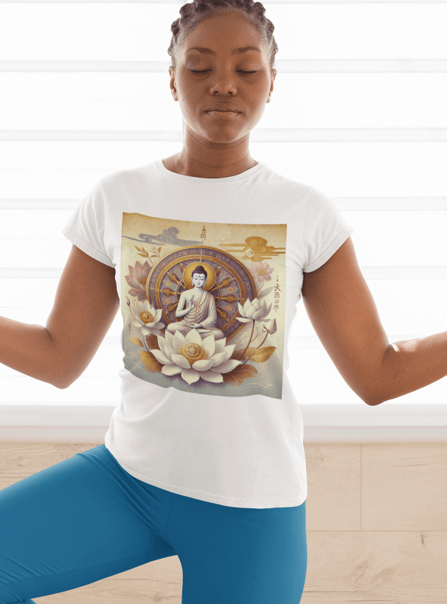 Buddha Lotus Dharma Damen T-Shirt mit meditierendem Buddha und Lotus, harmonisches Design für spirituelles Erwachen.