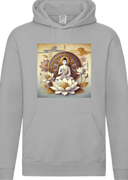 Detailansicht Buddha Lotus Dharma Hoodie Heather Grey – spirituelles Buddha Motiv mit Lotus und Dharma-Rad