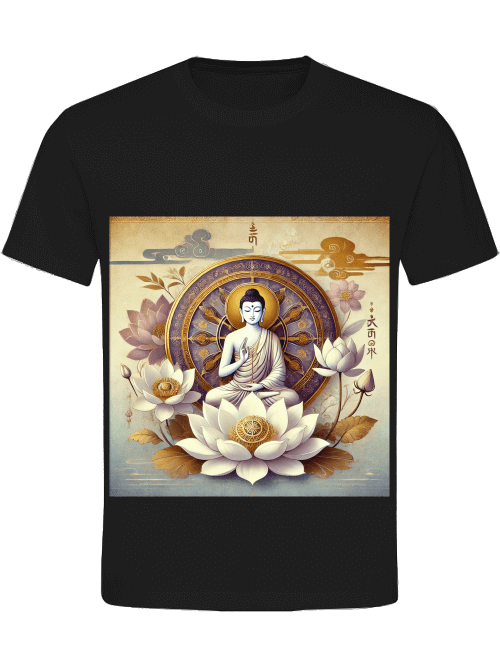 Buddha Lotus Dharma Herren T-Shirt mit meditierendem Buddha und Lotusblüten-Design in Pastellfarben.
