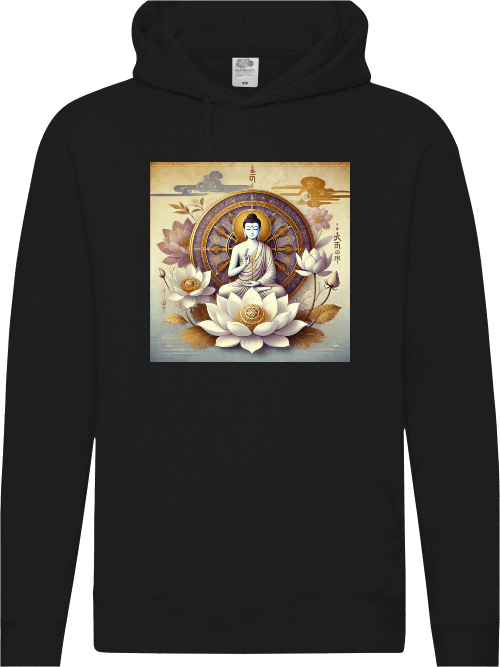 Buddha Lotus Dharma Damen Hoodie mit Buddha und Lotusblüten Design, spirituelle Symbolik und goldene Details.