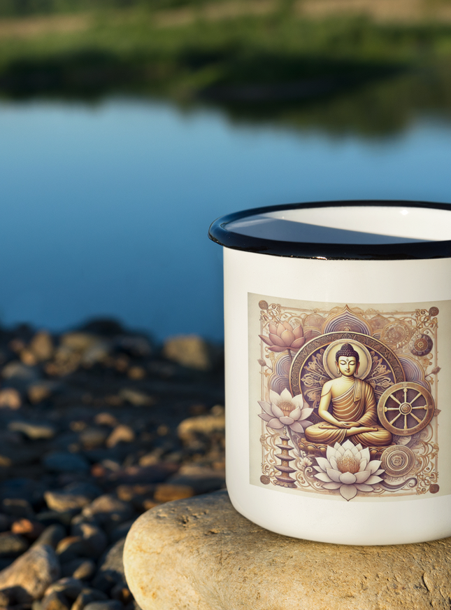 Buddha Tasse auf einem Stein am Ufer eines Sees, mit Buddha-Motiv und Lotusblüten.