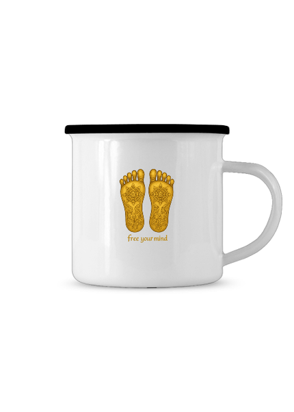 Buddhas Fußabdruck Tasse mit goldenen Fußabdrücken und dem Text 