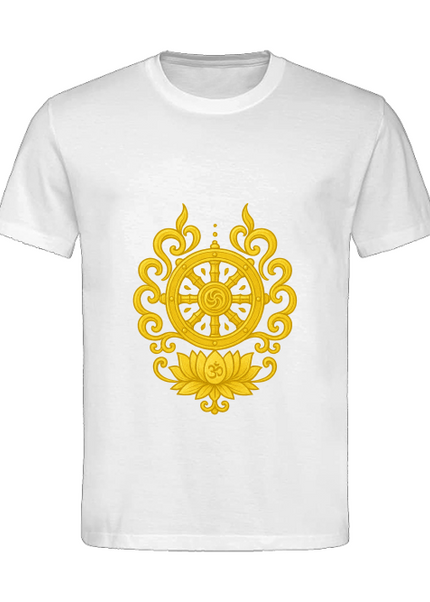 Detailansicht Dharma-Rad Herren T-Shirt Weiß – Dharma-Rad, Lotus und Mandala als Symbol für Klarheit und Balance
